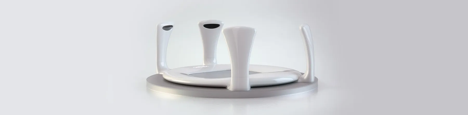 Aetrex Albert 3DFit foot scanner with four upright depth cameras around its scanning platform